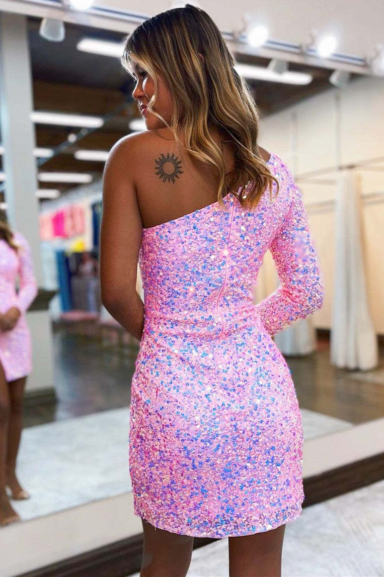 Iridescent Pink One Shoulder Long Sleeves Tight Homecoming Dress with Slit