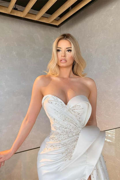 Ivory Sweetheart Beaded Mermaid Prom Dress with Split and Ruffles