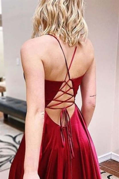 Lace-Up Back A-line Brugundy Long Prom Dress with Slit