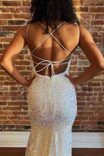Lace-Up Pink V-Neck Sequined Long Prom Dress