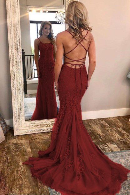 Light Blue Long Lace Open Back Mermaid Prom Dress - YESBABYONLINE