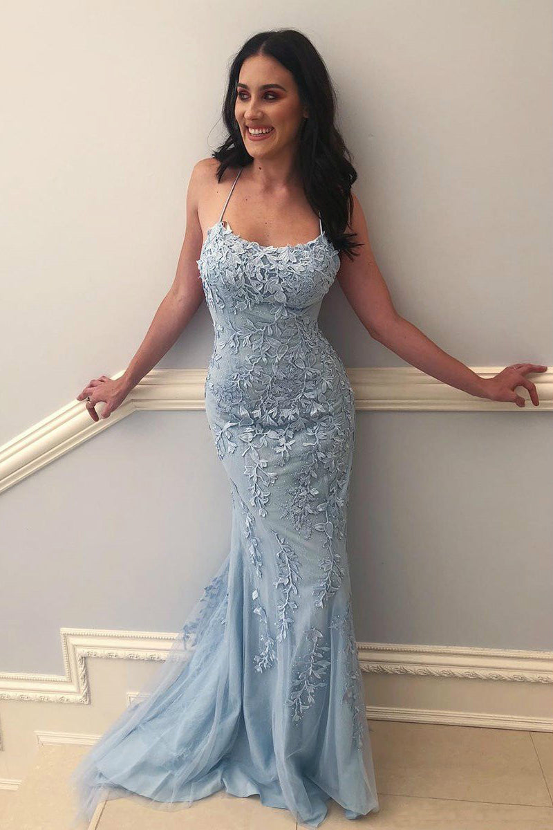 Light Blue Long Lace Open Back Mermaid Prom Dress - YESBABYONLINE
