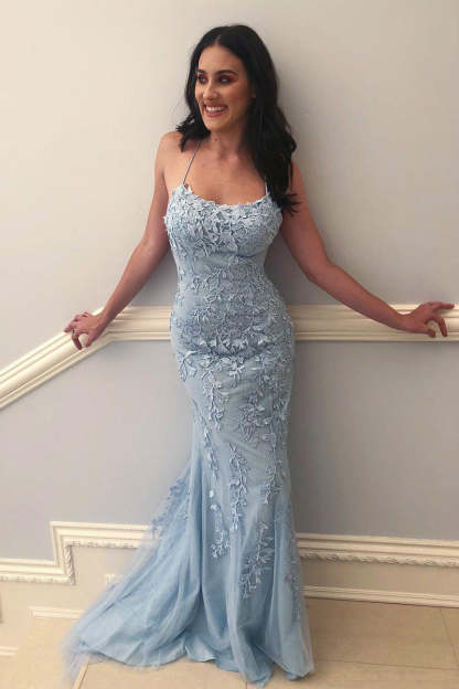 Light Blue Long Lace Open Back Mermaid Prom Dress - YESBABYONLINE