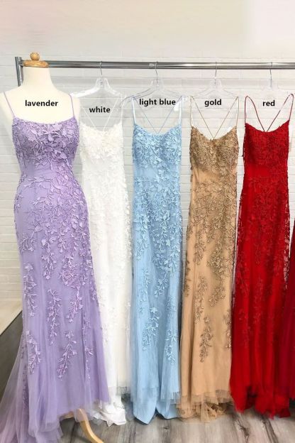 Light Blue Long Lace Open Back Mermaid Prom Dress - YESBABYONLINE