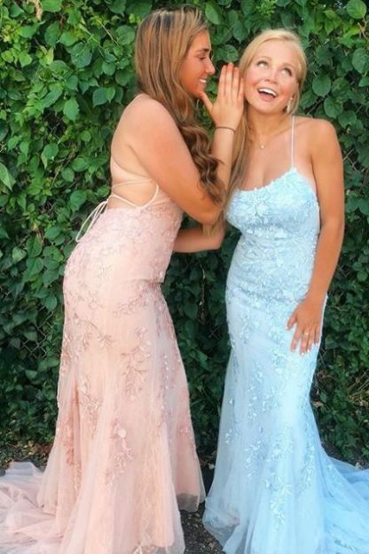 Light Blue Long Lace Open Back Mermaid Prom Dress - YESBABYONLINE