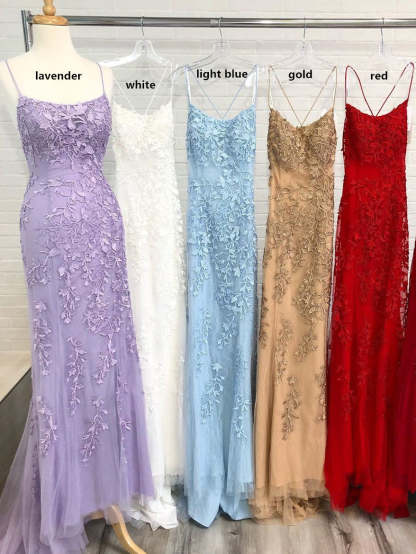 Light Blue Long Lace Open Back Mermaid Prom Dress - YESBABYONLINE