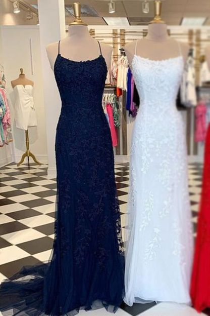 Light Blue Long Lace Open Back Mermaid Prom Dress - YESBABYONLINE