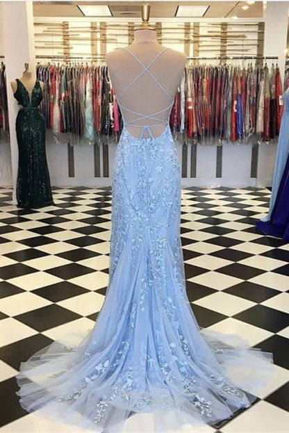 Light Blue Long Lace Open Back Mermaid Prom Dress - YESBABYONLINE