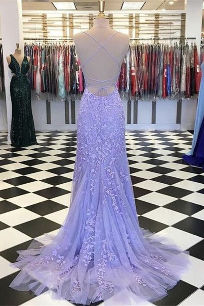 Light Blue Long Lace Open Back Mermaid Prom Dress - YESBABYONLINE