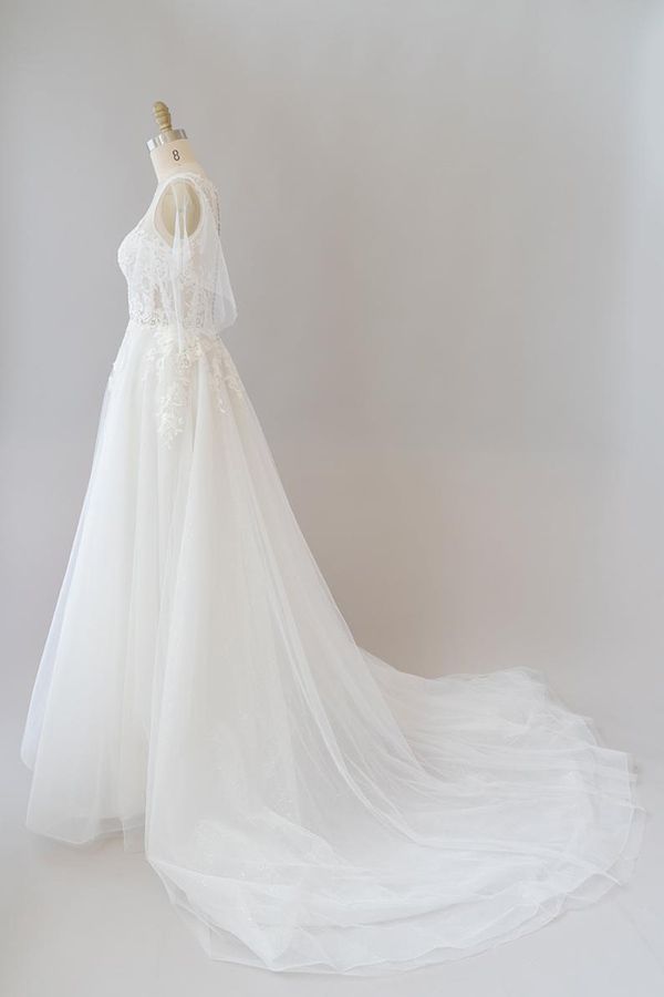 Long A-line Appliques Lace Tulle Wedding Dress with Sleeves-Yesbabyonline