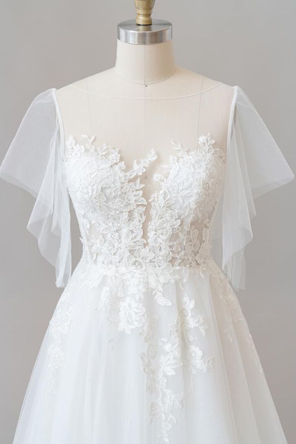 Long A-line Appliques Lace Tulle Wedding Dress with Sleeves-Yesbabyonline