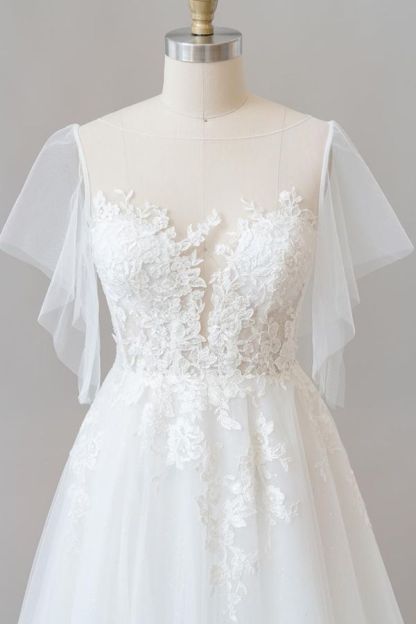 Long A-line Appliques Lace Tulle Wedding Dress with Sleeves-Yesbabyonline