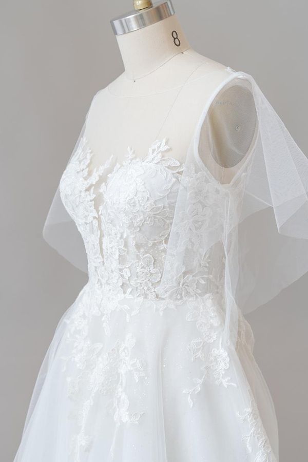 Long A-line Appliques Lace Tulle Wedding Dress with Sleeves-Yesbabyonline