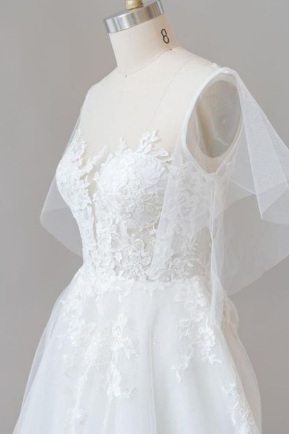 Long A-line Appliques Lace Tulle Wedding Dress with Sleeves-Yesbabyonline