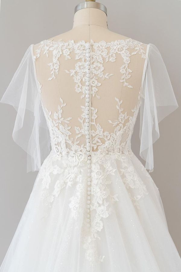 Long A-line Appliques Lace Tulle Wedding Dress with Sleeves-Yesbabyonline