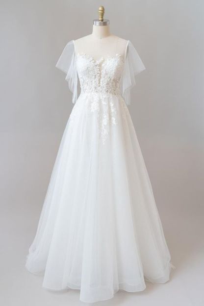 Long A-line Appliques Lace Tulle Wedding Dress with Sleeves-Yesbabyonline