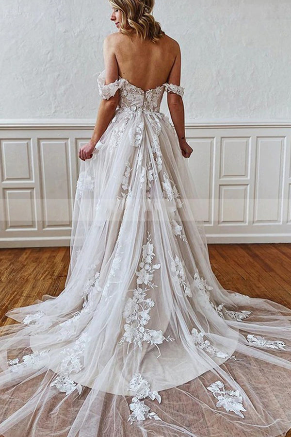 Long A-line Straps Sweetheart Appliques Lace Tulle Backless Wedding Dress - YESBABYONLINE