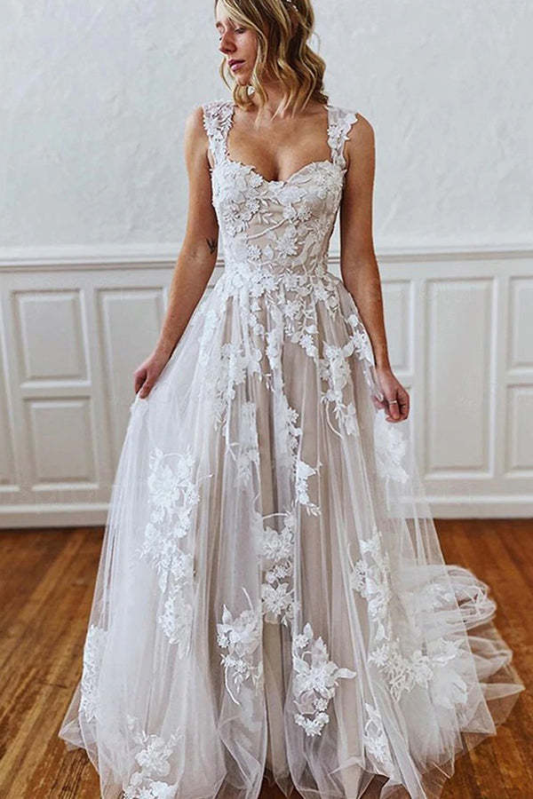 Long A-line Straps Sweetheart Appliques Lace Tulle Backless Wedding Dress - YESBABYONLINE