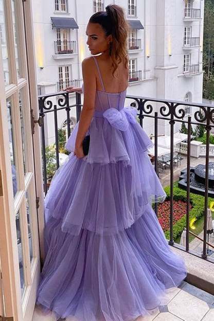 Long A-line Sweetheart Spaghetti Straps Tulle Layered Open Back Formal Prom Dress-Yesbabyonline