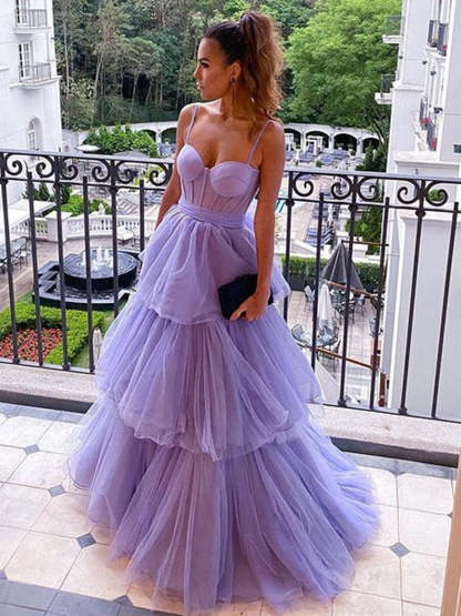 Long A-line Sweetheart Spaghetti Straps Tulle Layered Open Back Formal Prom Dress-Yesbabyonline