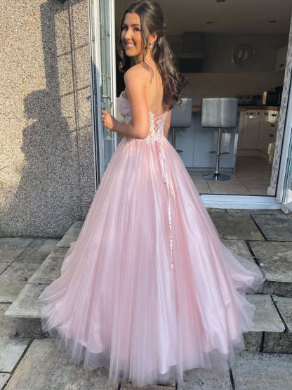 Long A-line Sweetheart Tulle Lace Prom Dress Pink Lace Formal Evening Gowns-Yesbabyonline