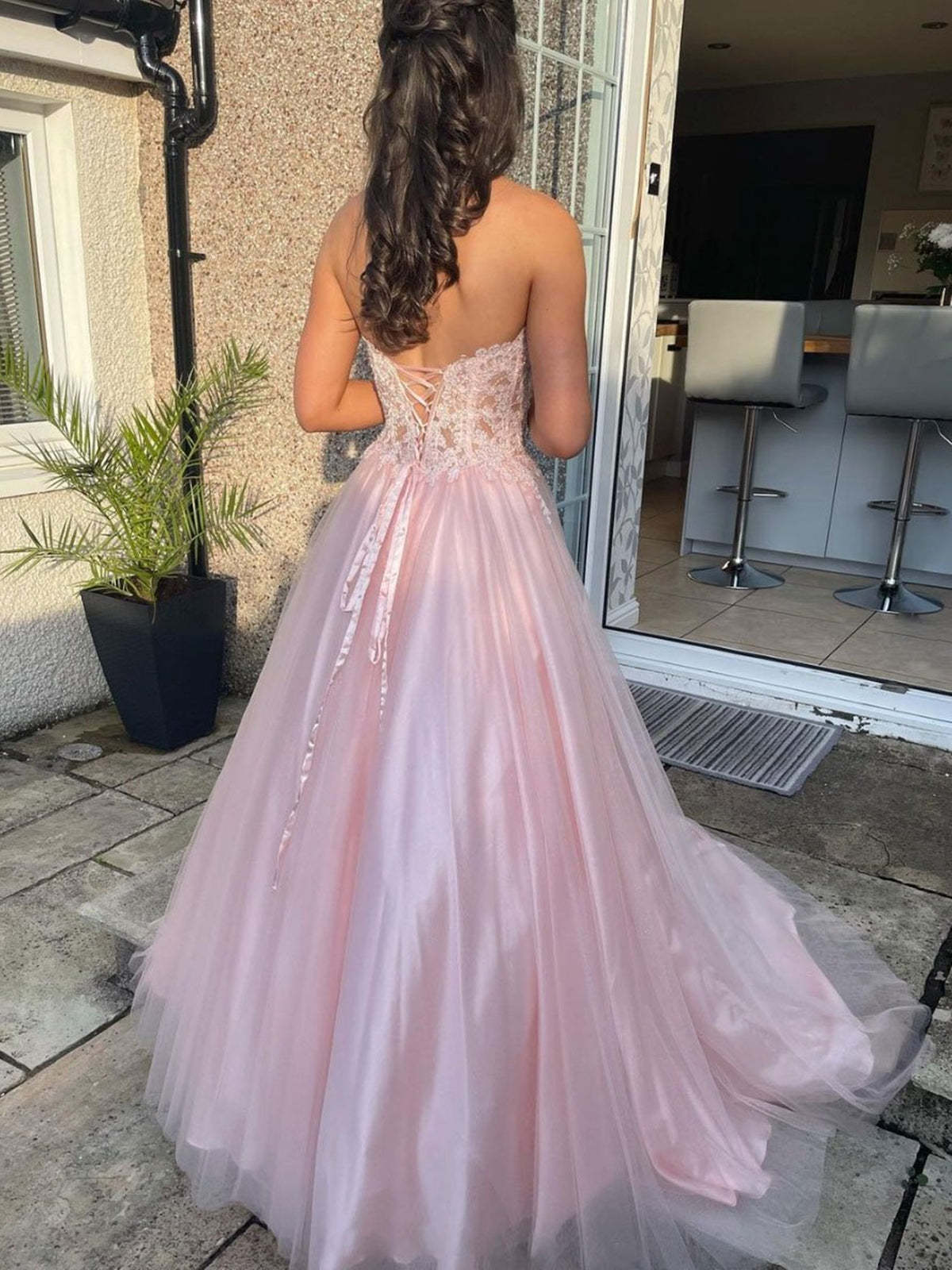 Long A-line Sweetheart Tulle Lace Prom Dress Pink Lace Formal Evening Gowns-Yesbabyonline