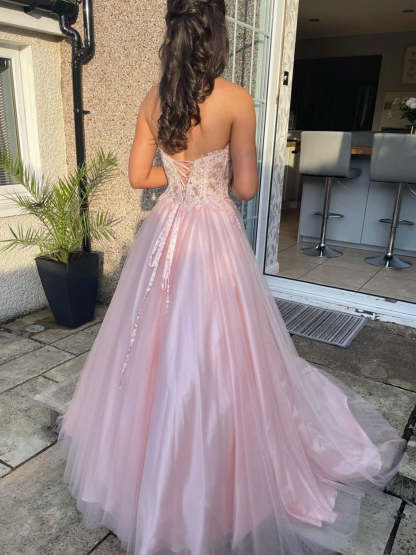 Long A-line Sweetheart Tulle Lace Prom Dress Pink Lace Formal Evening Gowns-Yesbabyonline