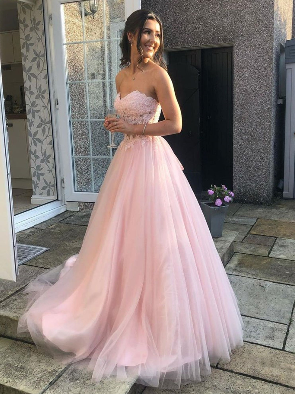 Long A-line Sweetheart Tulle Lace Prom Dress Pink Lace Formal Evening Gowns-Yesbabyonline