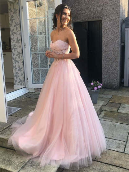 Long A-line Sweetheart Tulle Lace Prom Dress Pink Lace Formal Evening Gowns-Yesbabyonline