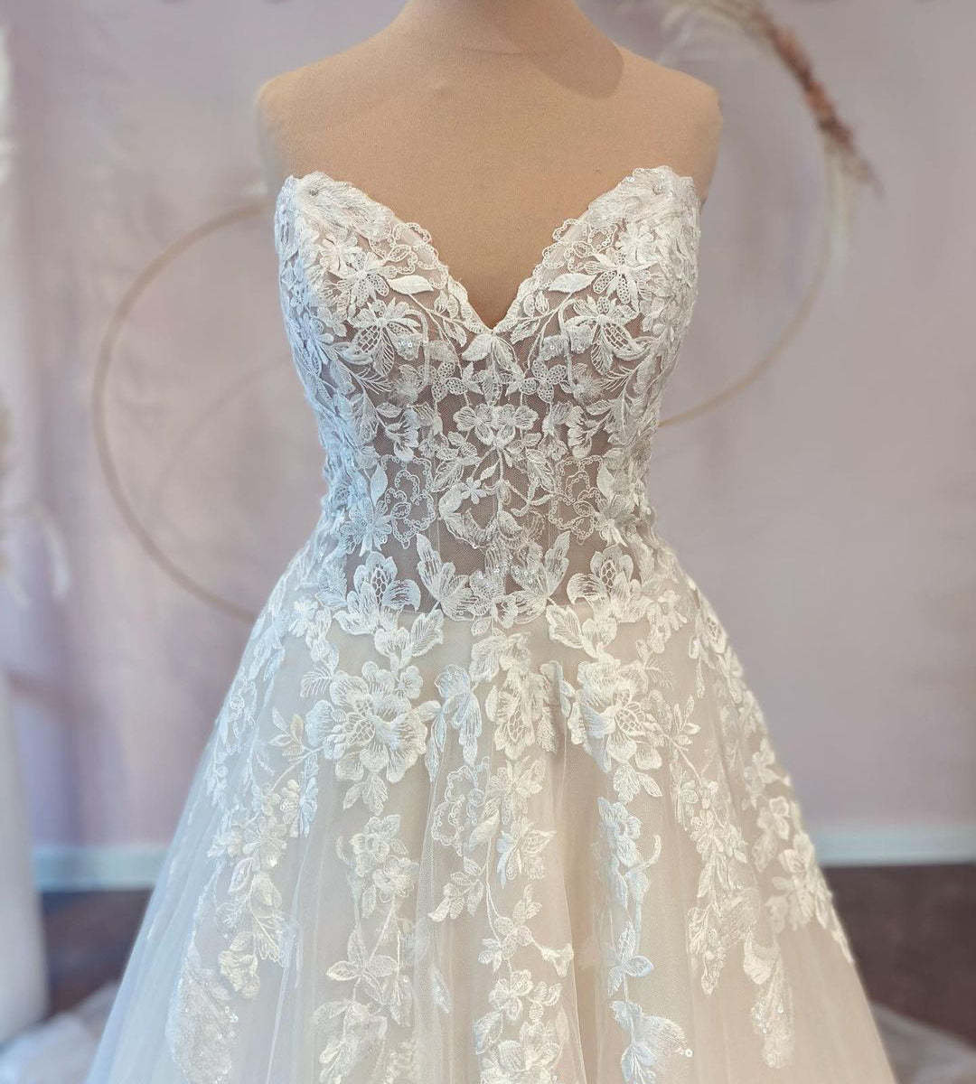 Long A-line Sweetheart Tulle Wedding Dress with Lace - YESBABYONLINE