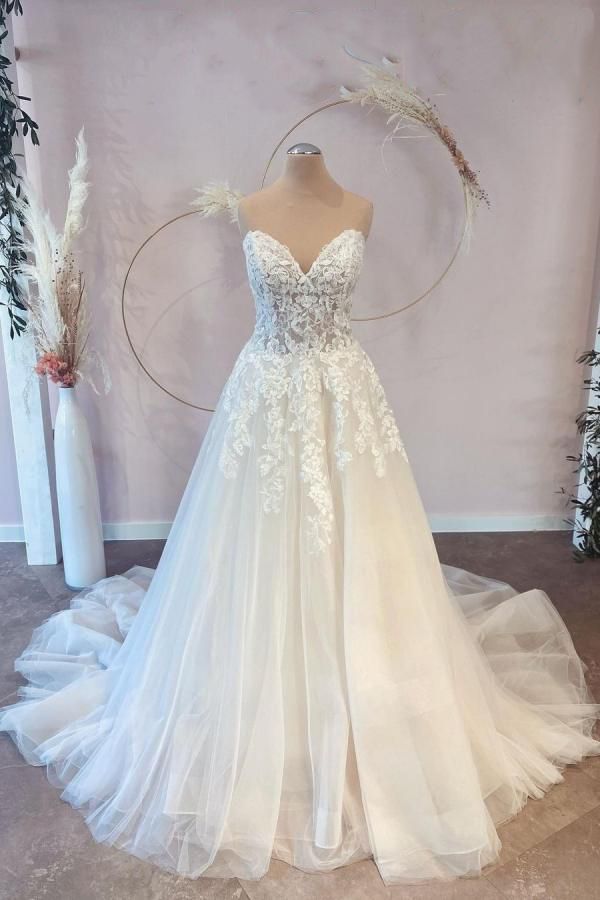 Long A-line Sweetheart Tulle Wedding Dress with Lace - YESBABYONLINE