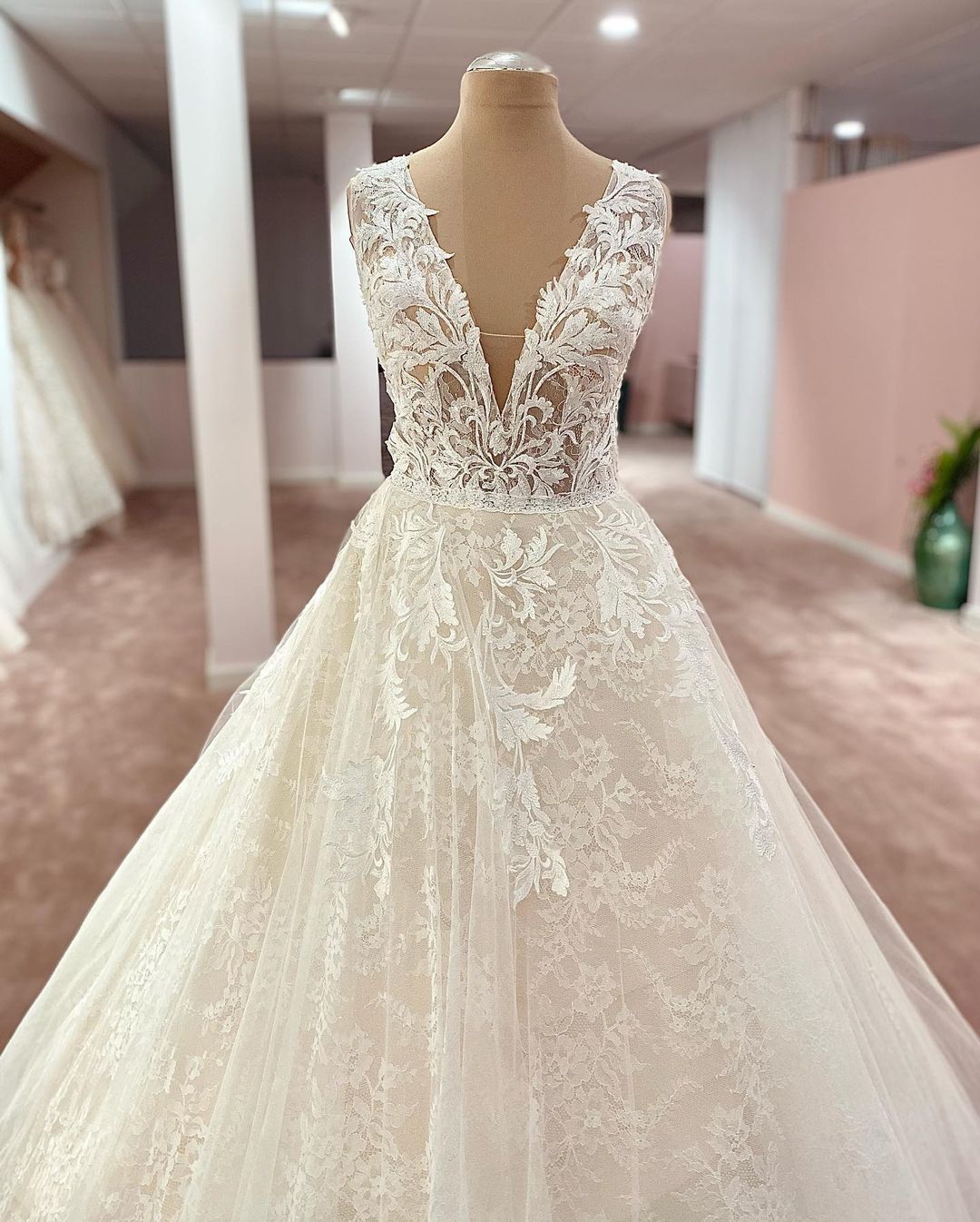 Long A-Line V-neck Wide Straps Appliques Lace Tulle Wedding Dress - YESBABYONLINE