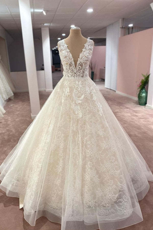 Long A-Line V-neck Wide Straps Appliques Lace Tulle Wedding Dress - YESBABYONLINE
