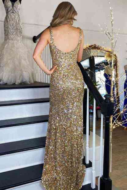 Long Gold Square Neck Prom Dress with High Slit