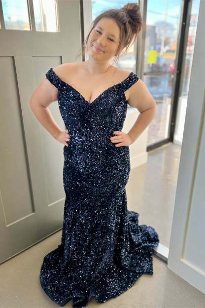 Long Mermaid Grape Srequins Off the Shoulder Prom Dress