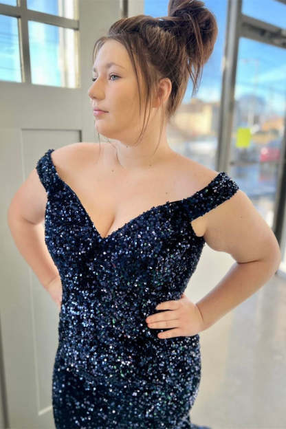 Long Mermaid Grape Srequins Off the Shoulder Prom Dress
