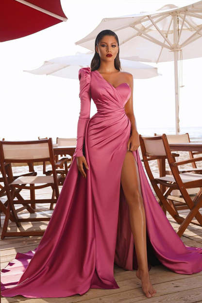 Long Mermaid One Shoulder Front Slit Prom Dresses with Sleeves - YESBABYONLINE
