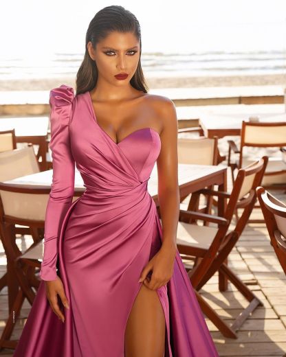 Long Mermaid One Shoulder Front Slit Prom Dresses with Sleeves - YESBABYONLINE