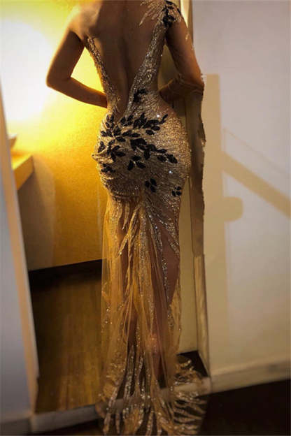 Long Mermaid One Shoulder Tulle Lace See through Prom Dress-Yesbabyonline