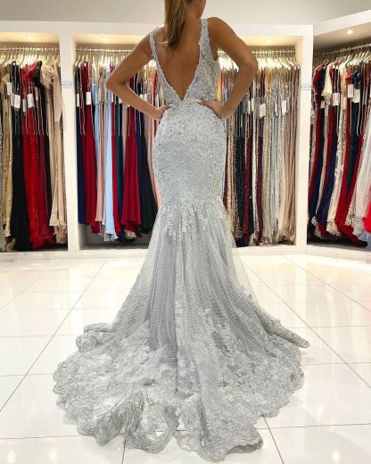 Long Mermaid Open Back V-neck Tulle Lace Prom Dress - YESBABYONLINE