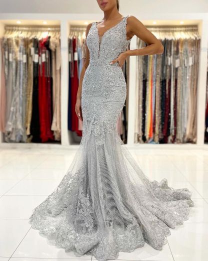 Long Mermaid Open Back V-neck Tulle Lace Prom Dress - YESBABYONLINE