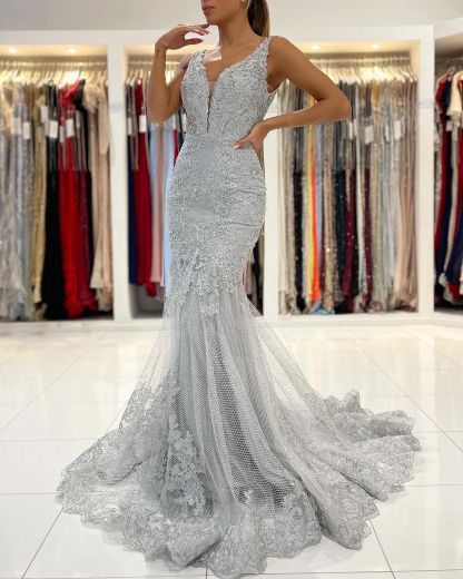 Long Mermaid Open Back V-neck Tulle Lace Prom Dress - YESBABYONLINE
