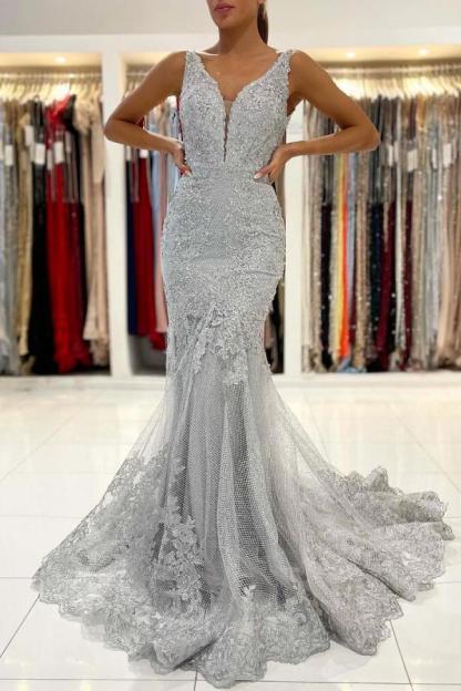 Long Mermaid Open Back V-neck Tulle Lace Prom Dress - YESBABYONLINE