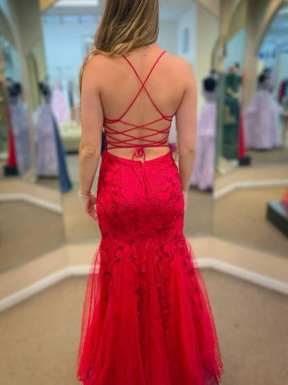 Long Mermaid Spaghetti Straps Tulle Lace Open Back Prom Dress Red Formal Evening Gowns - YESBABYONLINE