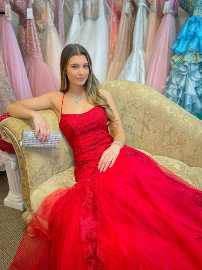 Long Mermaid Spaghetti Straps Tulle Lace Open Back Prom Dress Red Formal Evening Gowns - YESBABYONLINE