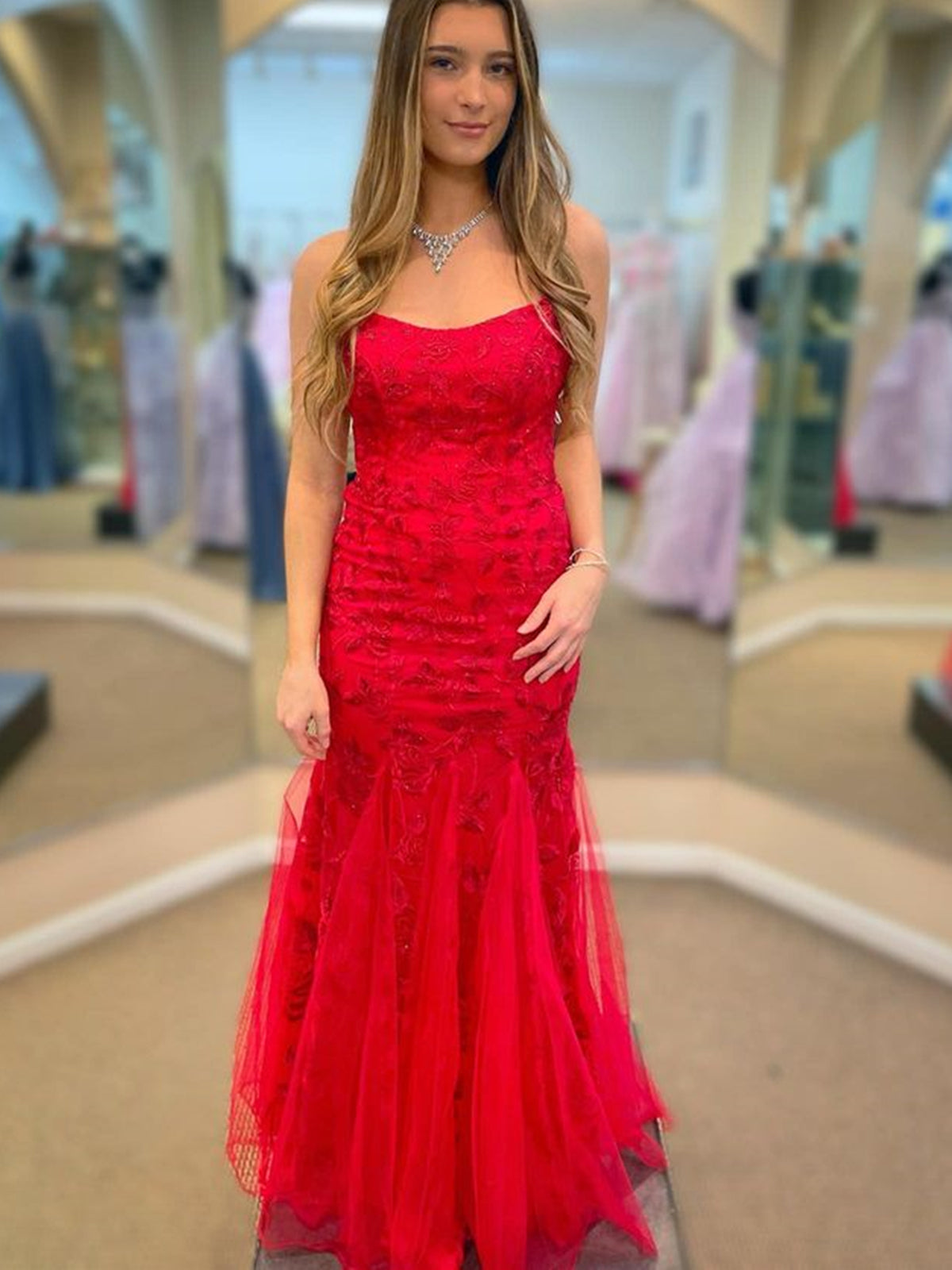 Long Mermaid Spaghetti Straps Tulle Lace Open Back Prom Dress Red Formal Evening Gowns - YESBABYONLINE