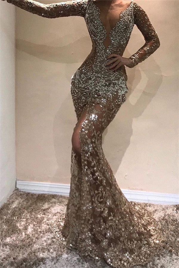 Long Mermaid V-neck Appliques Lace Front Slit Prom Dress with Sleeves-Yesbabyonline