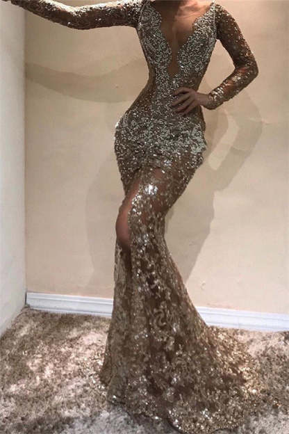 Long Mermaid V-neck Appliques Lace Front Slit Prom Dress with Sleeves-Yesbabyonline