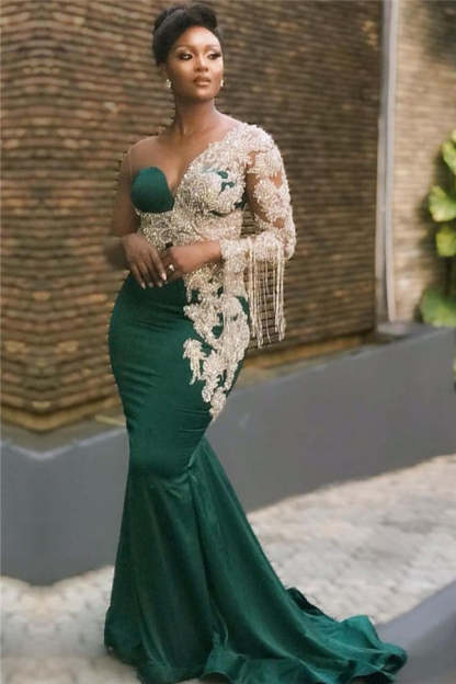 Long One Shoulder Appliques Lace Mermaid Prom Dresses with Sleeves - YESBABYONLINE