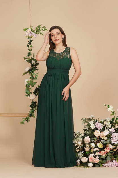 Long A Line Round Neck Chiffon Floor Length Formal Dresses - YESBABYONLINE